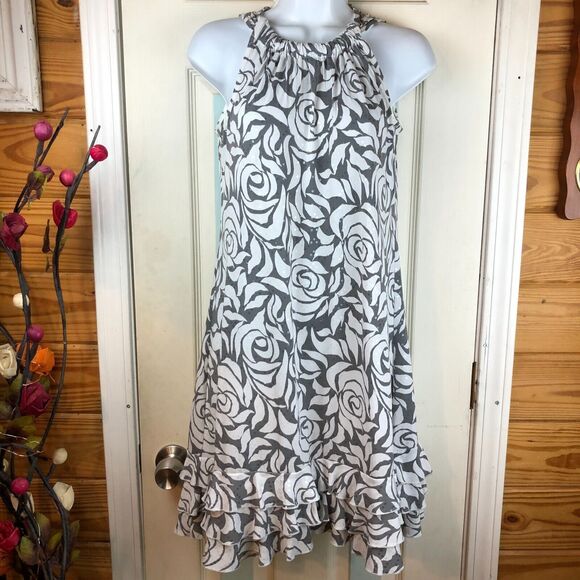 Womens MSK Small Oscar Sequins Floral Halter Style Ruffle Dress Grey & White S - Picture 2 of 12